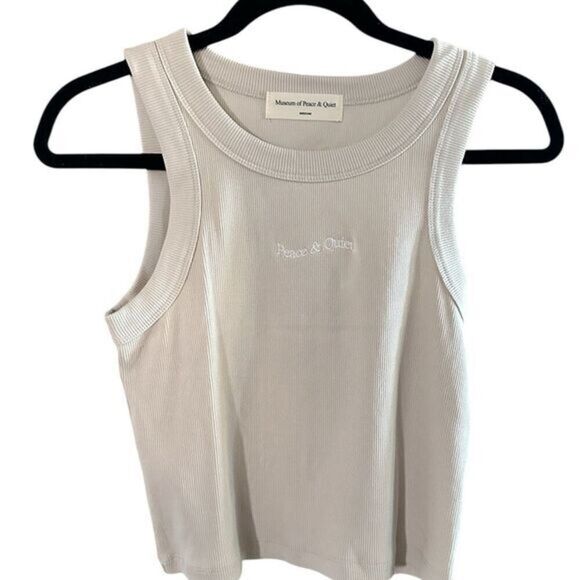 museum of prace & quiet Tops - NWOT Museum of Peace & Quiet Women’s Cream Ribbed Logo Tank Crop Top Size Medium